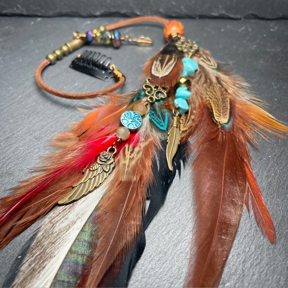Artisan Designed Bohemian Feather Hair Clip with Beads - Picture 1 of 10